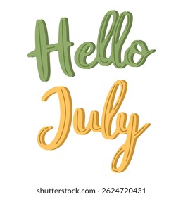 Hello July hand lettering illustration with playful colorful script typography, perfect for summer greeting cards, seasonal banners, planners, calendars.