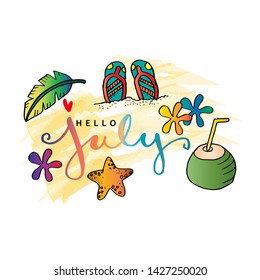 Hello July Hand Lettering Phrase. Summer Greeting card,