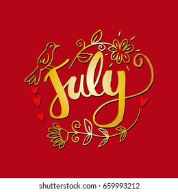 Hello July Hand Lettering Phrase. Summer Greeting card,