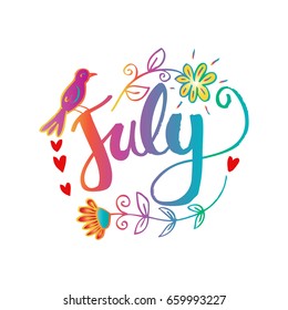 Hello July Hand Lettering Phrase. Summer Greeting card,