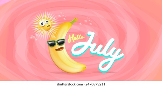 Hello July horizontal poster with  sun character and funky banana character isolated on pink background. Vector 3d wide horizontal hello July funny comic  flyer, banner and background.
