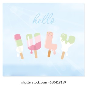 Hello july ice cream letters on blurred sky background.