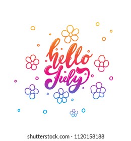 Hello july lettering print. Summer minimalistic illustration.