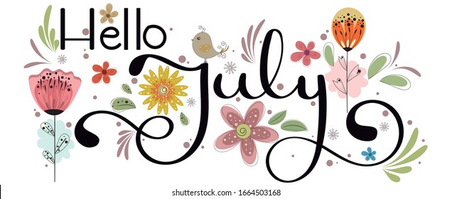 Hello July. July month vector with flowers and leaves. Decoration floral. Illustration month July