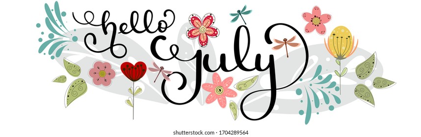 Hello July. July month vector with flowers and leaves. Decoration floral. Illustration month July