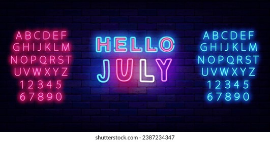 Hello July neon label. Colorful handwritten text. Season summer greeting card. Shiny blue and pink alphabet. Light design. Editing text. Vector stock illustration
