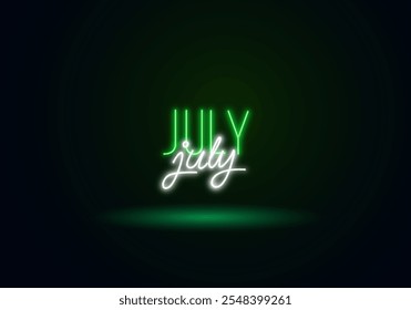 Hello July neon label. Colorful handwritten text. Season summer greeting card.