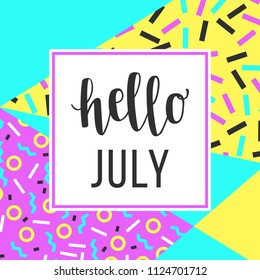 Hello July sale banner for online shopping with discount offer. Promotional email the nineties style, bright design poster.