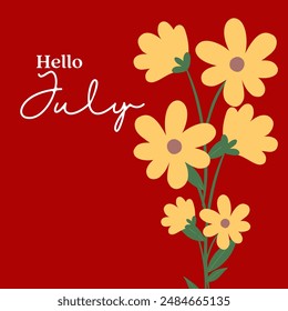 Hello July -simple vector icon. Vector illustration, greeting card for beginning of summer, welcoming poster design. red background