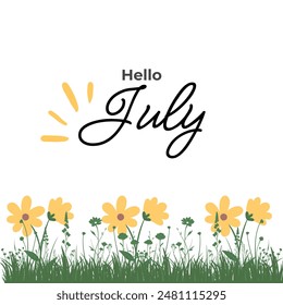 Hello July -simple vector sun icon. Vector illustration, greeting card for beginning of summer, welcoming poster design. White background