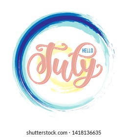 Hello July slogan vector template. Blue wave, sun and hello july summer text. Simple illustration with lettering. Quote design for social media posts, stories, banner, greeting card, t-shirt or print