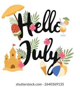 Hello July summer lettering with tropical flowers, beach elements, and vacation icons. Seasonal vector illustration featuring hand-drawn "Hello July" text decorated with hibiscus flowers, palm leaves.