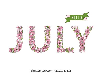 Hello July. Vector Card With Letters Of Apple Tree Flowers