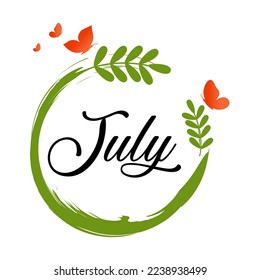 Hello July. Vector illustration, greeting card for beginning of summer, welcoming poster design.