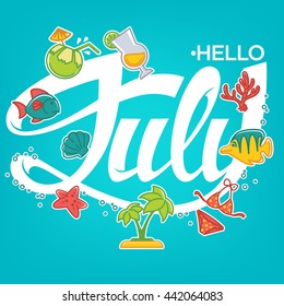 Hello July, vector template for your summer banner, card and flyer