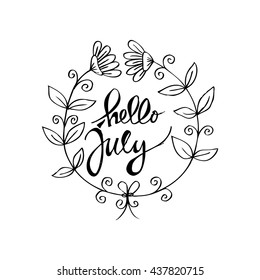 Hello July vector wreath flowers. Sketchy style.