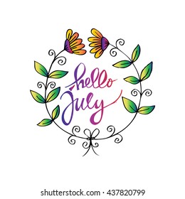 Hello July vector wreath flowers. Sketchy style.