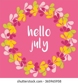 Hello july vector wreath sunny yellow and pink card