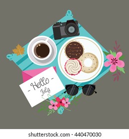 hello July welcome spring summer session donuts coffee flowers camera and glasses