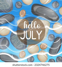 hello july. welcome july vector illustrations for greetings card.