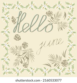 hola june marco de banner de flores blancas en un fondo claro