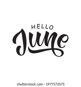 Hello June handwritten text. Trendy script lettering design Modern brush ink calligraphy isolated on white background. Vector illustration as logotype, icon, card. Summer postcard, invitation, flyer