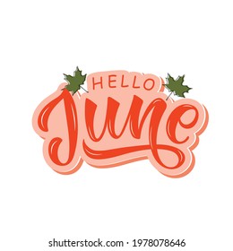 Hello June handwritten text. Trendy script lettering design Modern brush ink calligraphy. Colorful sticker isolated on white background. Vector illustration as logotype, icon, card. Summer design 