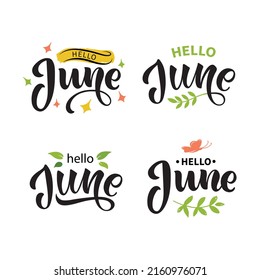 Hello June handwritten text. Trendy script lettering design. Modern brush calligraphy isolated on white background. Vector illustration. Set of summertime holiday seasonal quotes, wishes icons