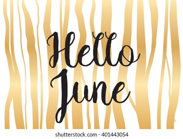 Hello June inscription. Greeting card with calligraphy. Hand drawn lettering design. Photo overlay. Typography for banner, poster or apparel design. Vector quote.