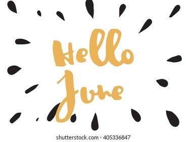 Hello June inscription. Greeting card with calligraphy. Hand drawn lettering design. Photo overlay. Typography for banner, poster or apparel design. Vector quote.