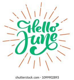 Hello june lettering print vector text. Summer minimalistic illustration. Isolated calligraphy phrase on white background.