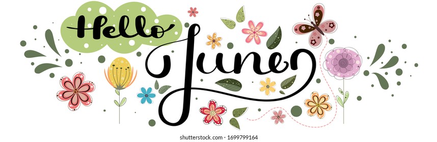 Hello June. JUNE month vector with flowers, and leaves. Decoration floral. Illustration month June