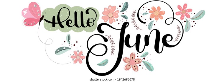 Hello June. JUNE month vector with flowers, butterfly and leaves. Decoration floral text hand lettering. Illustration month June  