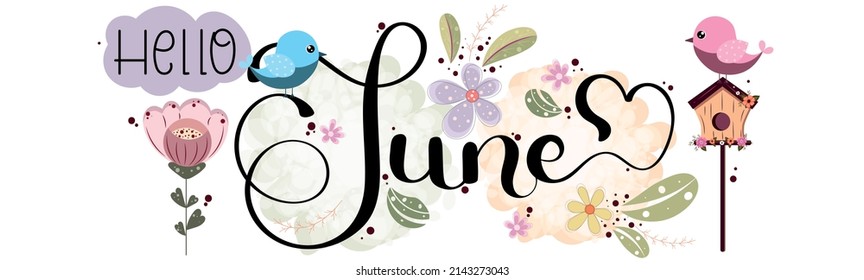 Hello JUNE. June month vector with flowers, birds and leaves. Decoration floral calendar. Illustration June calendar