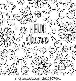Hello June summer coloring page, black and white calligraphy letters with cute drawings. Welcome new month card. Vector summer doodles. Line art summer clipart. Coloring book page with quote