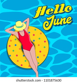 Hello June template poster graphic illustration on swimming pool