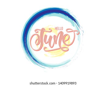 Hello June vector template. Blue wave, sun and hello june summer text. Simple summer illustration with lettering. Design for social media posts, stories, banner, greeting card, t-shirt or print