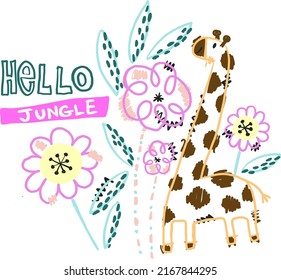 Hello jungle. Print with giraffe and flowers. Print for stitching, poster, cards, t-shirt, clothes, stationery, textile, fabric and other design.