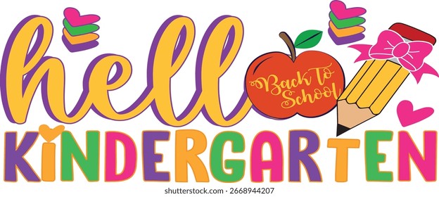 Hello Kindergarten, back to school colorful typography design isolated on white background. Vector school elements. Best background, banner, greeting card Pro Vector