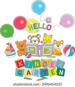 Hello kindergarten card with funny cartoony baby animals reading a book of fairy tales, colorful bricks with letters, color pencils, toys and holiday balloons, vector cartoon illustration