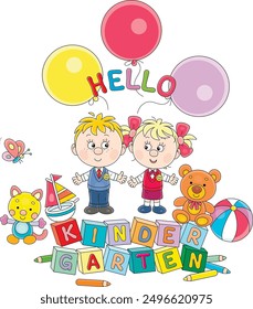 Hello kindergarten card with a funny little boy and girl among their toys going to nursery school, vector cartoon illustration on a white background