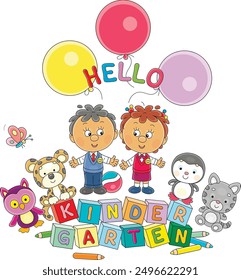 Hello kindergarten card with a funny little boy and girl among their toys going to nursery school, vector cartoon illustration on a white background