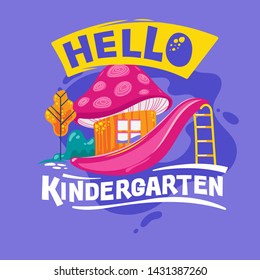 Hello Kindergarten Phrase with Colorful Illustration. Back to School Quote