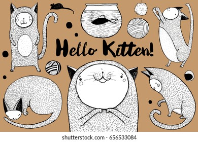 Hello kitten - cats set. Hand drawn illustration for children's books or cards. Brown background, white elements.