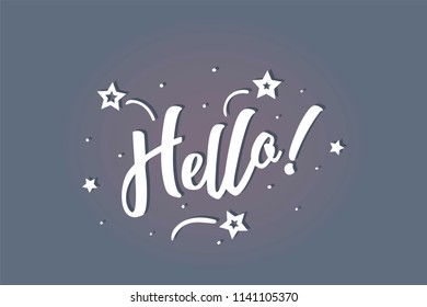Hello lettering card, banner. Beautiful greeting scratched calligraphy white text word stars. Hand drawn invitation print design. Handwritten modern brush blue background isolated vector