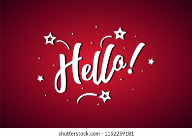 Hello lettering card, banner. Beautiful greeting scratched calligraphy white text word stars. Hand drawn invitation print design. Handwritten modern brush red background isolated vector