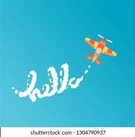 "Hello" lettering. Flat style cartoon airplane writes phrase with clouds in the sky