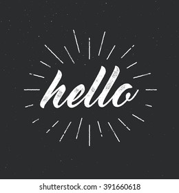 Hola - Grabación para tarjeta de felicitación. Efecto vectorial vintage de la prensa escrita, explosión de sol, fondo grueso.