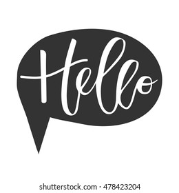 Hello lettering hand written inscription on black speech bubble background