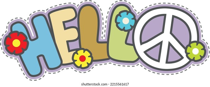 Hello lettering in hippie style with pacific peace sign